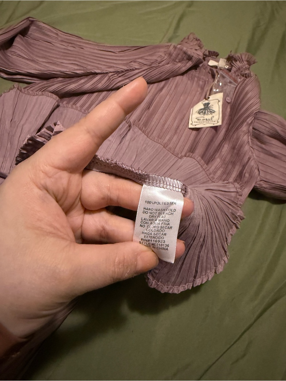 Pleated Long-Sleeve Ruffle Hem Top - Mauve Pink - Picture 4 of 6